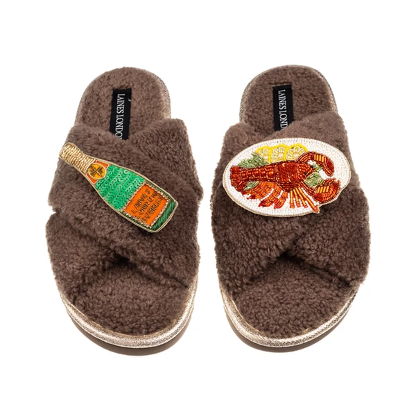 Laines London Laines Neutral Boucle Slippers With Lobster Platter & Champagne Bottle Brooches