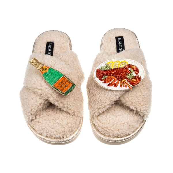 Laines London Laines Neutral Boucle Slippers With Lobster Platter & Champagne Bottle Brooches