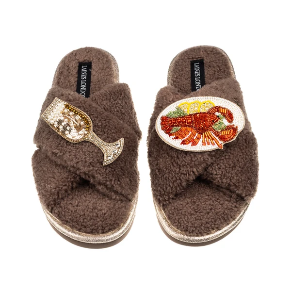 Laines London Laines Neutral Boucle Slippers With Lobster Platter & Champers Glass Brooches