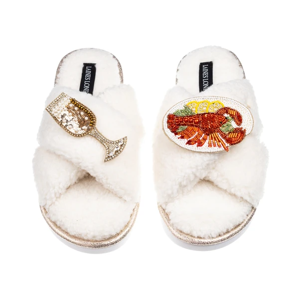 Laines London Laines Neutral Boucle Slippers With Lobster Platter & Champers Glass Brooches