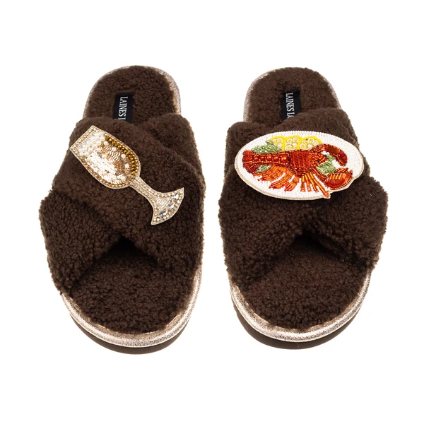 Laines London Laines Neutral Boucle Slippers With Lobster Platter & Champers Glass Brooches