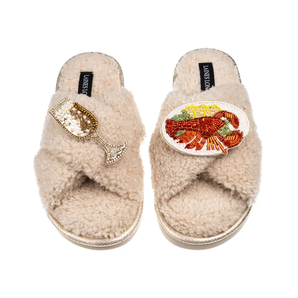 laines london Laines Neutral Boucle Slippers With Lobster Platter & Champers Glass Brooches
