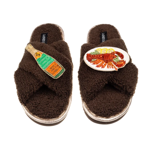 laines london Laines Neutral Boucle Slippers With Lobster Platter & Champagne Bottle Brooches