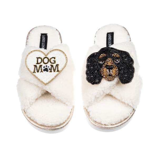 Laines London Laines Neutral Boucle Slippers With Louie King Charles & Dog Mum/Mom Brooches