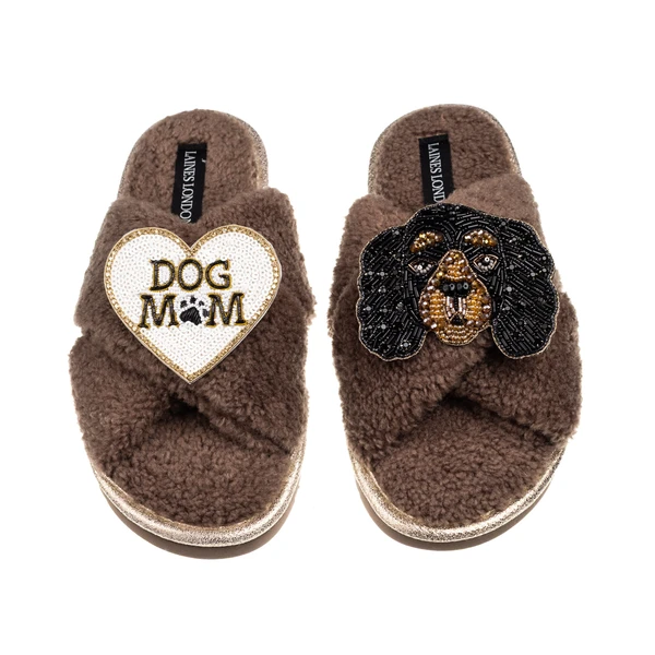 Laines London Laines Neutral Boucle Slippers With Louie King Charles & Dog Mum/Mom Brooches