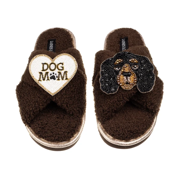Laines London Laines Neutral Boucle Slippers With Louie King Charles & Dog Mum/Mom Brooches