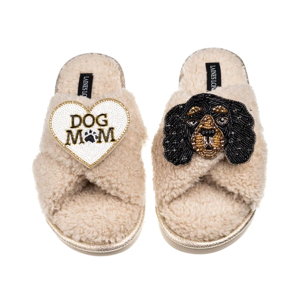 laines london Laines Neutral Boucle Slippers With Louie King Charles & Dog Mum/Mom Brooches