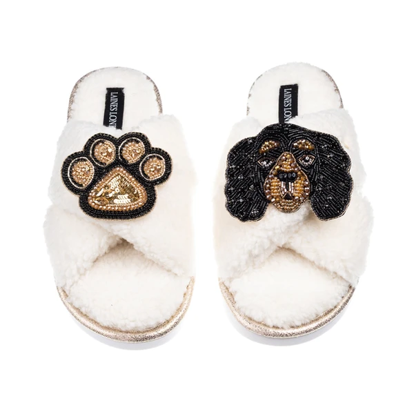 Laines London Laines Neutral Boucle Slippers With Louie The King Charles & Paw Brooches