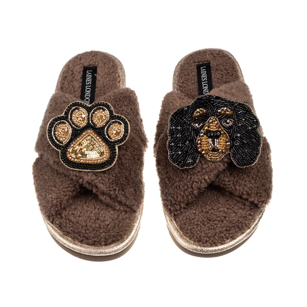 Laines London Laines Neutral Boucle Slippers With Louie The King Charles & Paw Brooches