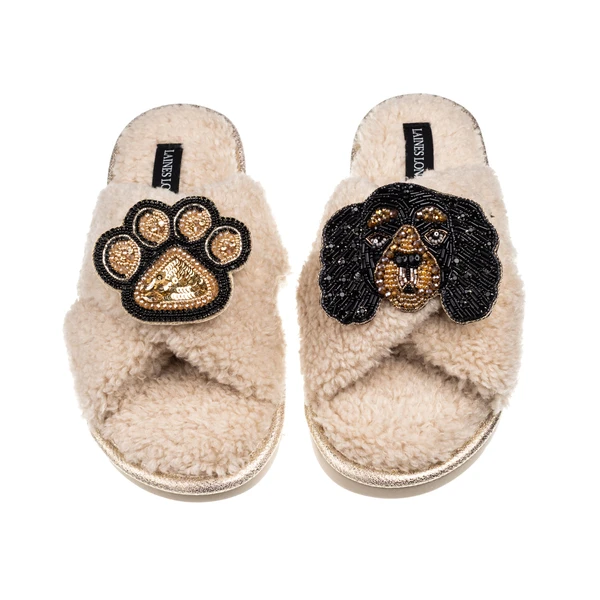 Laines London Laines Neutral Boucle Slippers With Louie The King Charles & Paw Brooches