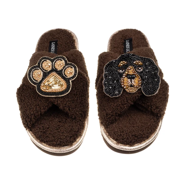laines london Laines Neutral Boucle Slippers With Louie The King Charles & Paw Brooches