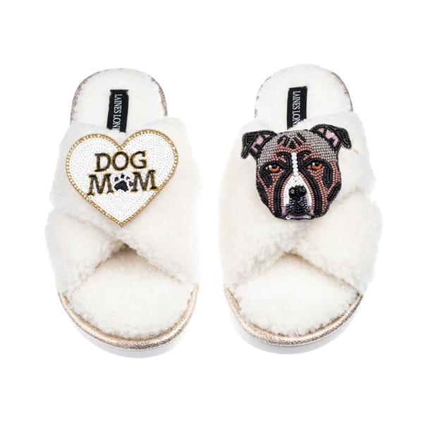 Laines London Laines Neutral Boucle Slippers With Luna-Rose Staffy & Dog Mum / Mom Brooches