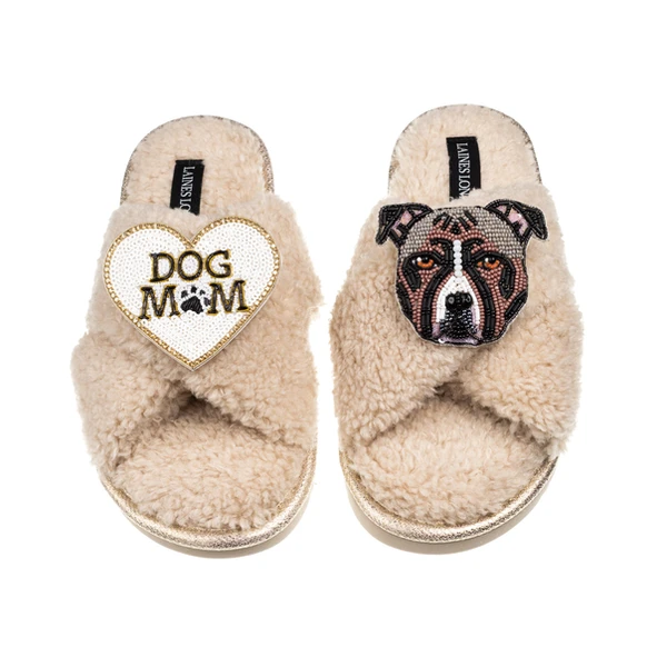 Laines London Laines Neutral Boucle Slippers With Luna-Rose Staffy & Dog Mum / Mom Brooches