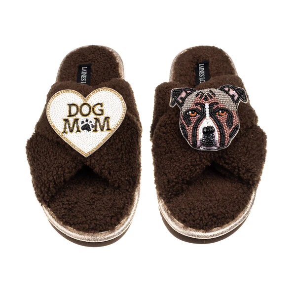 Laines London Laines Neutral Boucle Slippers With Luna-Rose Staffy & Dog Mum / Mom Brooches