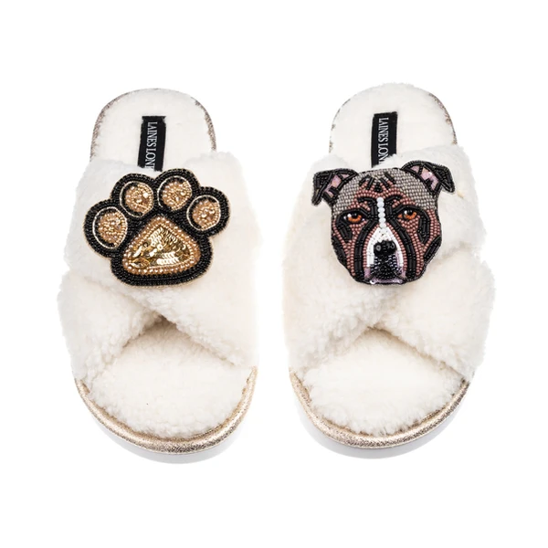 Laines London Laines Neutral Boucle Slippers With Luna-Rose Staffy & Paw Brooches