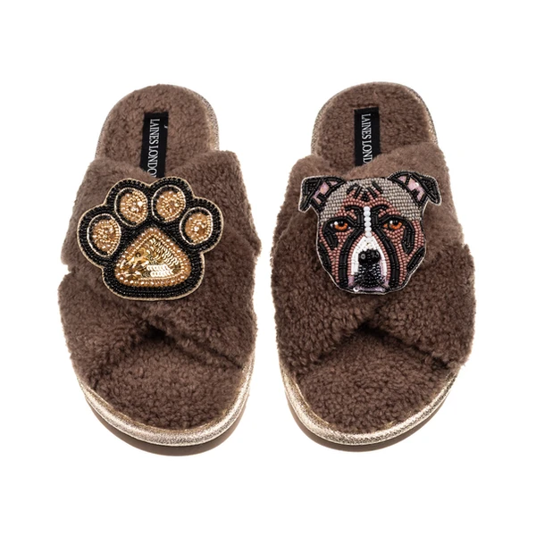 Laines London Laines Neutral Boucle Slippers With Luna-Rose Staffy & Paw Brooches