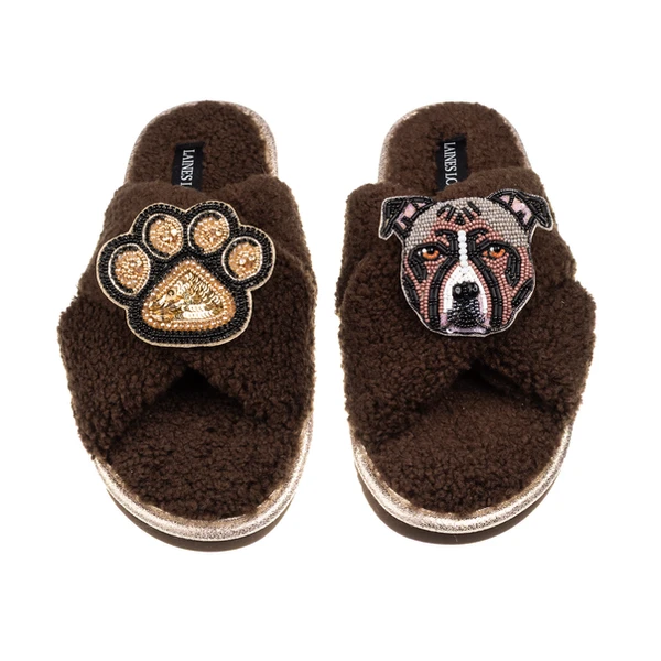 Laines London Laines Neutral Boucle Slippers With Luna-Rose Staffy & Paw Brooches