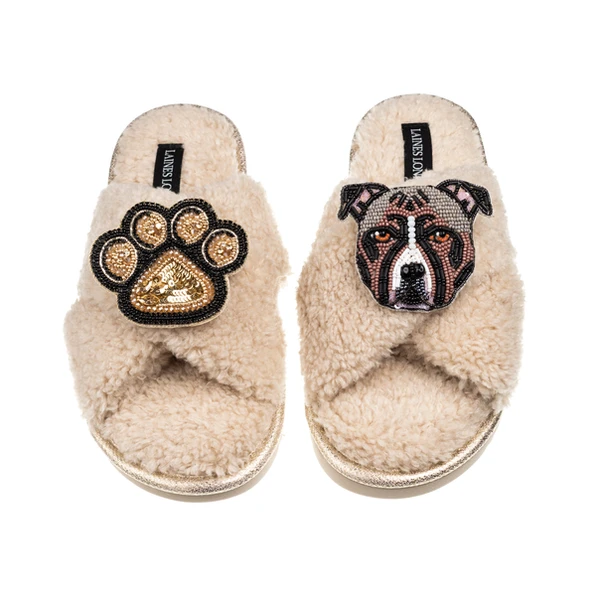 laines london Laines Neutral Boucle Slippers With Luna-Rose Staffy & Paw Brooches