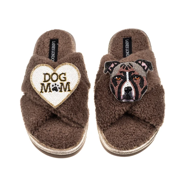 laines london Laines Neutral Boucle Slippers With Luna-Rose Staffy & Dog Mum / Mom Brooches