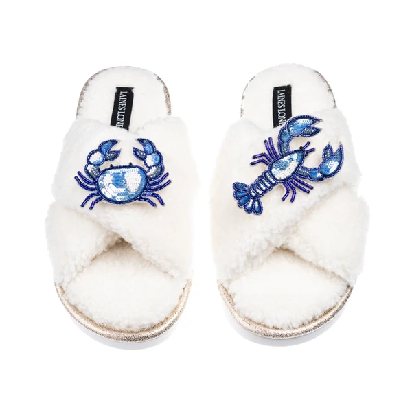 Laines London Laines Neutral Boucle Slippers With Mediterranean Crab & Lobster Brooches