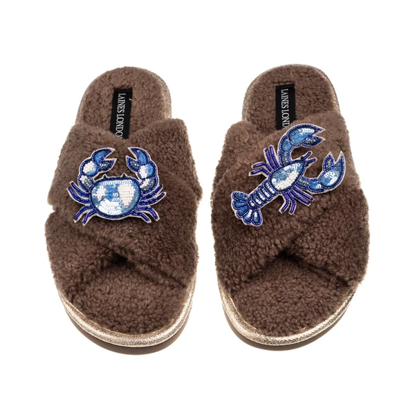 Laines London Laines Neutral Boucle Slippers With Mediterranean Crab & Lobster Brooches