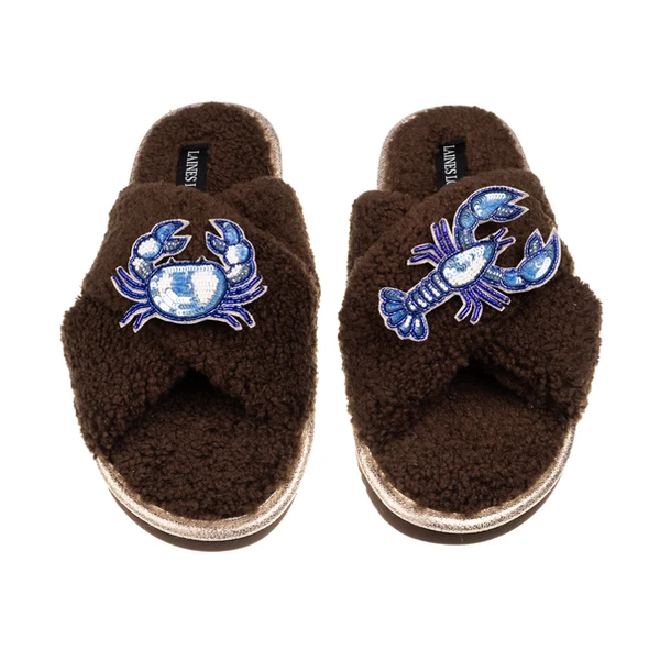 Laines London Laines Neutral Boucle Slippers With Mediterranean Crab & Lobster Brooches