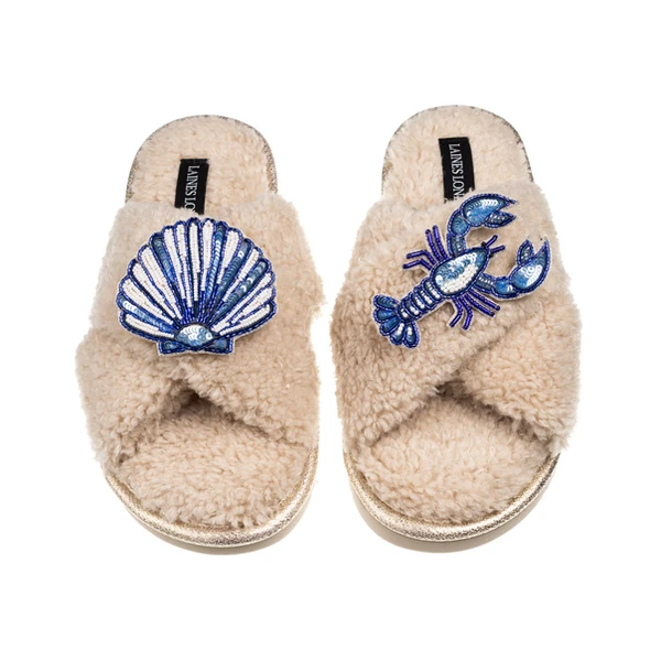 Laines London Laines Neutral Boucle Slippers With Mediterranean Shell & Lobster Brooches