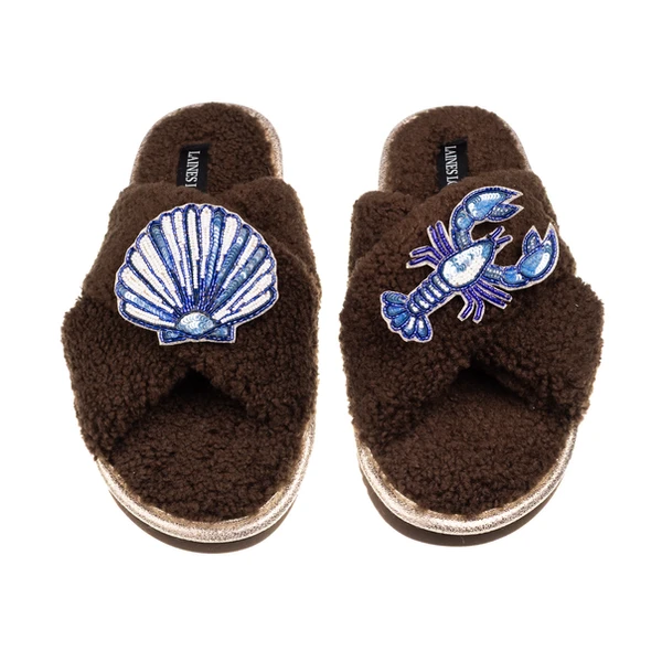 Laines London Laines Neutral Boucle Slippers With Mediterranean Shell & Lobster Brooches