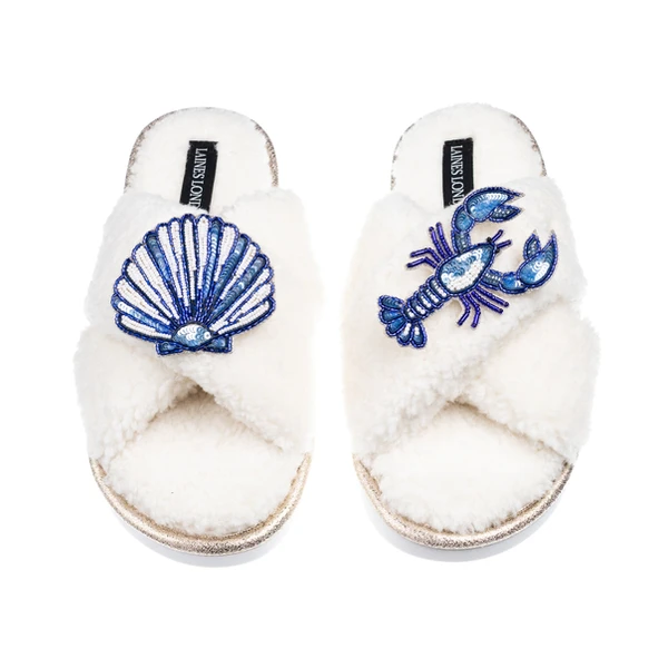 Laines London Laines Neutral Boucle Slippers With Mediterranean Shell & Lobster Brooches