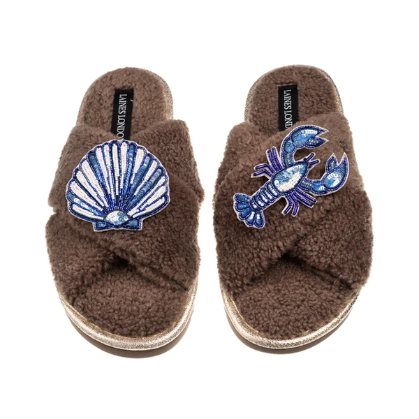 laines london Laines Neutral Boucle Slippers With Mediterranean Shell & Lobster Brooches