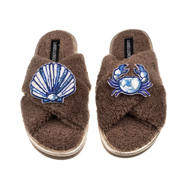 Laines London Laines Neutral Boucle Slippers With Mediterranean Shell & Crab Brooches