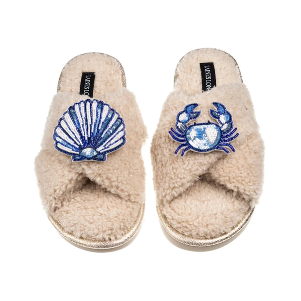 Laines London Laines Neutral Boucle Slippers With Mediterranean Shell & Crab Brooches