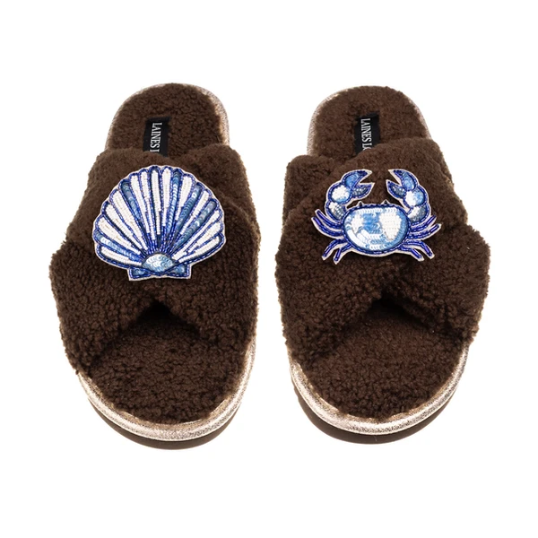 Laines London Laines Neutral Boucle Slippers With Mediterranean Shell & Crab Brooches