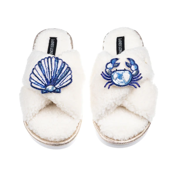 laines london Laines Neutral Boucle Slippers With Mediterranean Shell & Crab Brooches