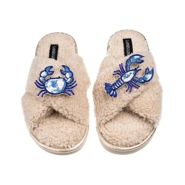 laines london Laines Neutral Boucle Slippers With Mediterranean Crab & Lobster Brooches