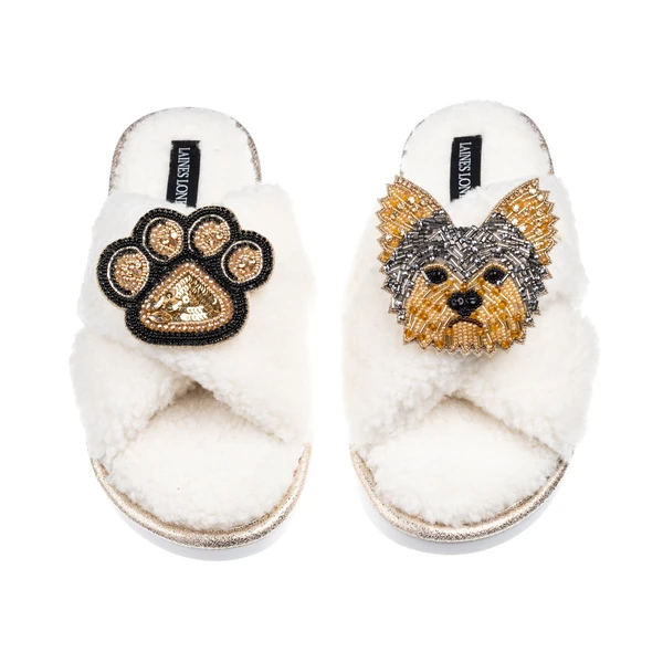 Laines London Laines Neutral Boucle Slippers With Minnie The Yorkie & Paw Brooches