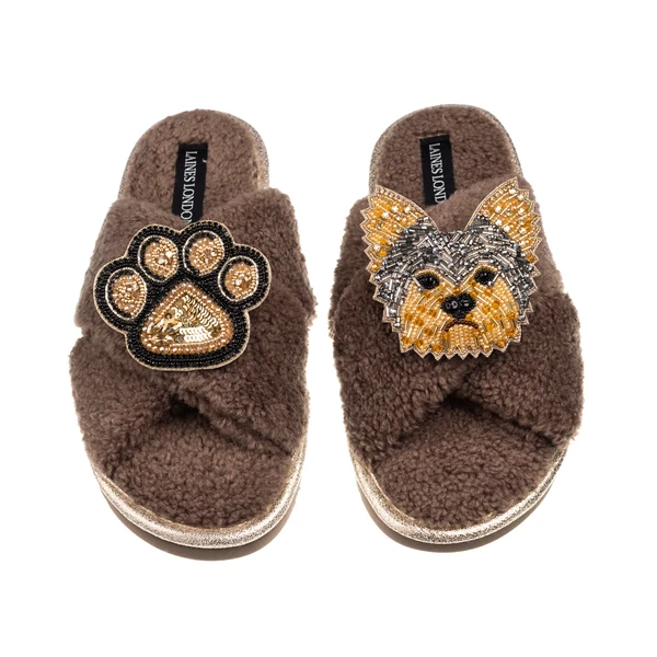 Laines London Laines Neutral Boucle Slippers With Minnie The Yorkie & Paw Brooches