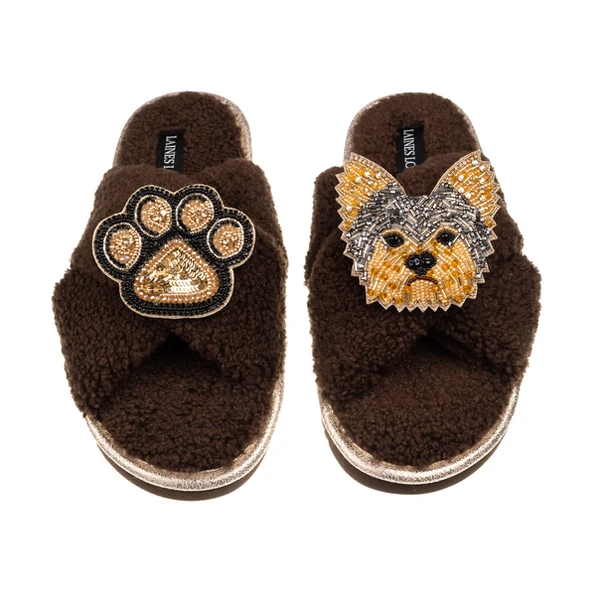 Laines London Laines Neutral Boucle Slippers With Minnie The Yorkie & Paw Brooches