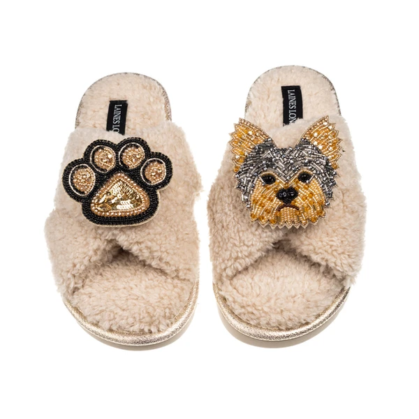 laines london Laines Neutral Boucle Slippers With Minnie The Yorkie & Paw Brooches