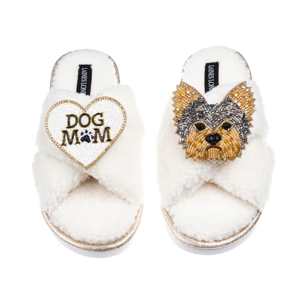 Laines London Laines Neutral Boucle Slippers With Minnie Yorkie & Dog Mum / Mom Brooches