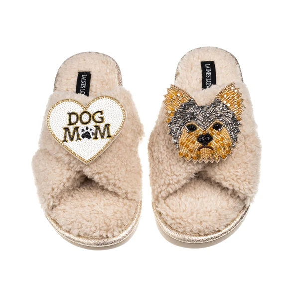 Laines London Laines Neutral Boucle Slippers With Minnie Yorkie & Dog Mum / Mom Brooches
