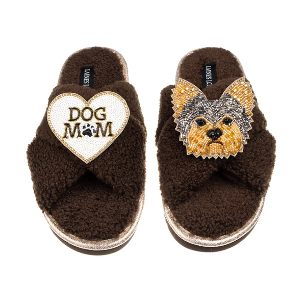Laines London Laines Neutral Boucle Slippers With Minnie Yorkie & Dog Mum / Mom Brooches