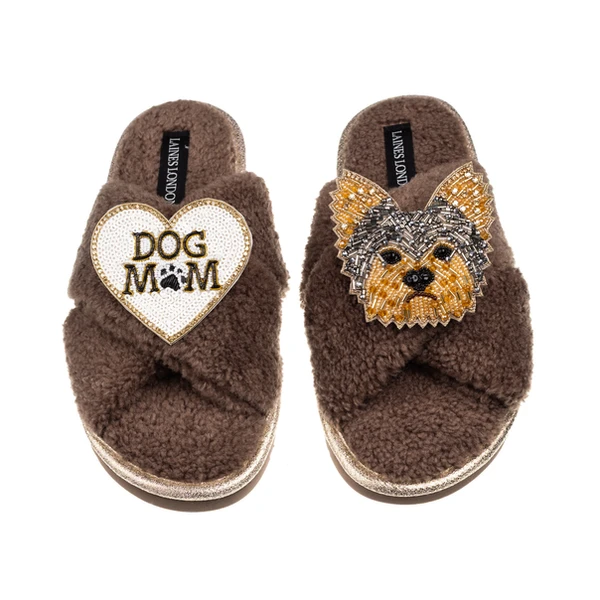 laines london Laines Neutral Boucle Slippers With Minnie Yorkie & Dog Mum / Mom Brooches