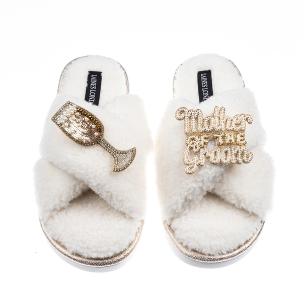 Laines London Laines Neutral Boucle Slippers With Mother Of The Groom Brooches