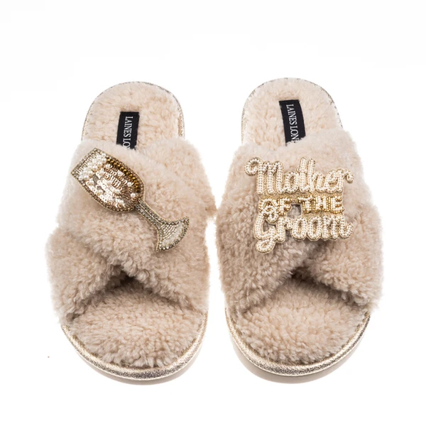 Laines London Laines Neutral Boucle Slippers With Mother Of The Groom Brooches
