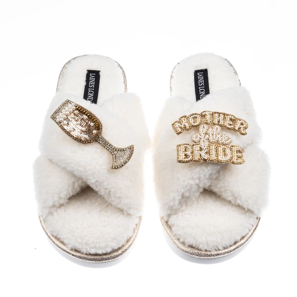 Laines London Laines Neutral Boucle Slippers With Mother Of The Bride Brooches