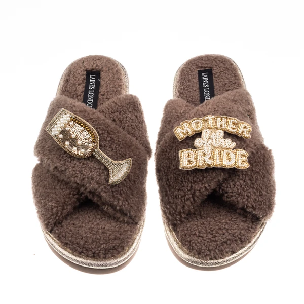Laines London Laines Neutral Boucle Slippers With Mother Of The Bride Brooches