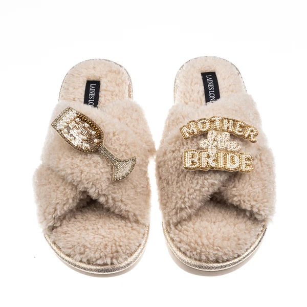 laines london Laines Neutral Boucle Slippers With Mother Of The Bride Brooches