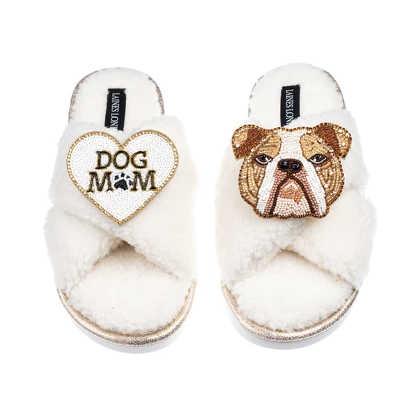 Laines London Laines Neutral Boucle Slippers With Mr Beefy Bulldog & Dog Mum / Mom Brooches