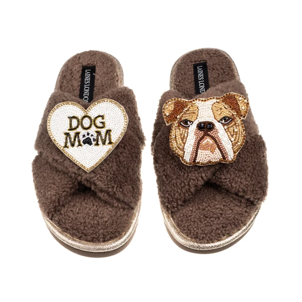 Laines London Laines Neutral Boucle Slippers With Mr Beefy Bulldog & Dog Mum / Mom Brooches